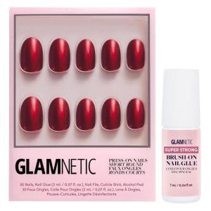 Glamnetic Press On Nails & Brush On Nail Glue Bundle – Cherry Glaze | Short Round Bright Cherry Red Nails with a Glaze Finish | 15 Sizes – 30 Nail Kit with Glue