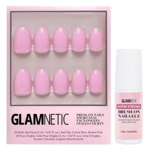 Glamnetic Press On Nails & Brush On Nail Glue Bundle – Think Pink | Solid Opaque Light Pastel Pink Short Oval Nails, Reusable | 15 Sizes – 30 Nail Kit