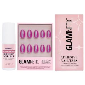 Glamnetic Press-On Nails – Berry Fizz | Super Strong Brush On Nail Glue & Nail Adhesive Tabs | Short Oval, Magenta Nails with Velvet Metallic Finish | 15 Sizes – 30 Nail Kit