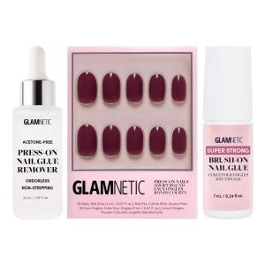 Glamnetic Press-On Nails – Berry Maroon | Super Strong Brush On Nail Glue & Press-On Nail Remover | Opaque Dark Red Maroon Short Round False Nails | Reusable Nail Kit with Glue & Remover