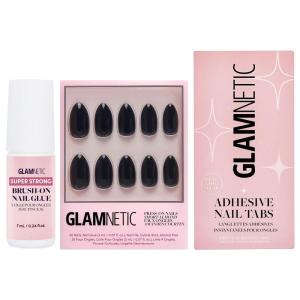 Glamnetic Press-On Nails – Boba | Super Strong Brush On Nail Glue & Nail Adhesive Tabs | Opaque Black Short Almond Nails, Reusable | 12 Sizes – 24 Nail Kit