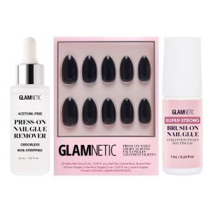 Glamnetic Press-On Nails – Boba | Super Strong Brush On Nail Glue & Press-On Nail Remover | Opaque Black Short Almond Nails, Reusable | 12 Sizes – 24 Nail Kit with Glue and Remover