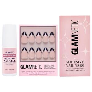 Glamnetic Press-On Nails – Caviar | Super Strong Brush On Nail Glue & Nail Adhesive Tabs | Semi-Transparent Nails with Black French Tips, Short Almond Shape Reusable Nail Kit with Glue & Adhesive Tabs