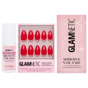Glamnetic Press-On Nails – Fiery Red | Super Strong Brush On Nail Glue & Nail Adhesive Tabs | Opaque Bright Red Short Almond Fake Nails, Reusable | 15 Sizes – 30 Nail Kit