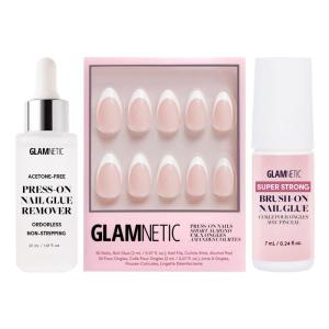 Glamnetic Press-On Nails – Ma Damn | Super Strong Brush-On Glue & Remover | French Tip, UV Finish, Short Almond Shape, Reusable Semi-Transparent in 12 Sizes – 24 Kit
