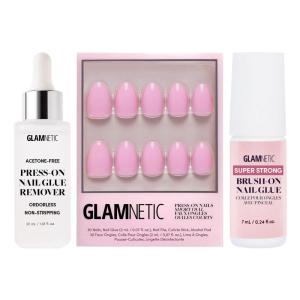 Glamnetic Press-On Nails – Think Pink | Super Strong Brush On Glue & Press-On Nail Remover | Solid Opaque Light Pastel Pink Short Oval Nails, Reusable | 15 Sizes – 30 Nail Kit