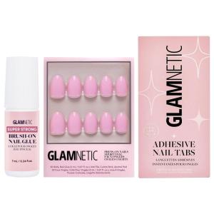 Glamnetic Press-On Nails – Think Pink | Super Strong Brush On Nail Glue & Nail Adhesive Tabs | Solid Opaque Light Pastel Pink Short Oval Nails, Reusable | 15 Sizes – 30 Nail Kit