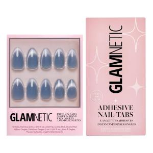 Glamnetic Press-On Nails & Adhesive Nail Tabs – Baby Blues | Short Almond, Pastel Blue Nails with a Metallic Finish, Reusable | 15 Sizes – 30 Nail Kit with Adhesive Tabs
