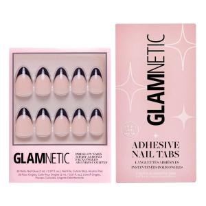 Glamnetic Press-On Nails & Adhesive Nail Tabs – Caviar | Semi-Transparent with Black French Tips, Short Almond Nails, Reusable |