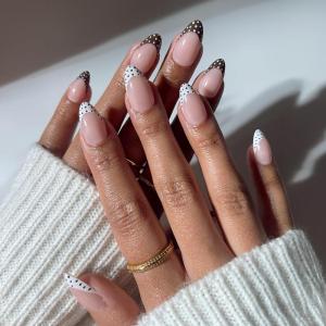 Glamnetic Press On Nails – Short Oval Fake Nails with Blue French Tips, Polka Dots & Whale Accents | Salon Quality Summer Nails | Whale Waves | 15 Sizes – 30 Nail Kit with Glue(Polka In Positano)