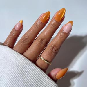 Glamnetic Press On Nails – Short Oval Fake Nails with Blue French Tips, Polka Dots & Whale Accents | Salon Quality Summer Nails | Whale Waves | 15 Sizes – 30 Nail Kit with Glue(Orange Pop)