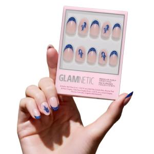 Glamnetic Press On Nails – Short Oval Fake Nails with Blue French Tips, Polka Dots & Whale Accents | Salon Quality Summer Nails | Whale Waves | 15 Sizes – 30 Nail Kit with Glue(Whale Waves)