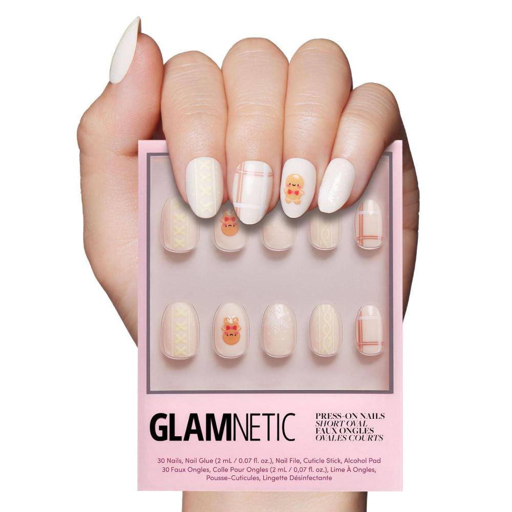 imageGlamnetic Press On Nails  Winter Glaze  Glossy Short Almond French Tip Nails with Snowflake Accents Salon Quality  15 Sizes  30 Nail Kit with GlueGingerbread Knit