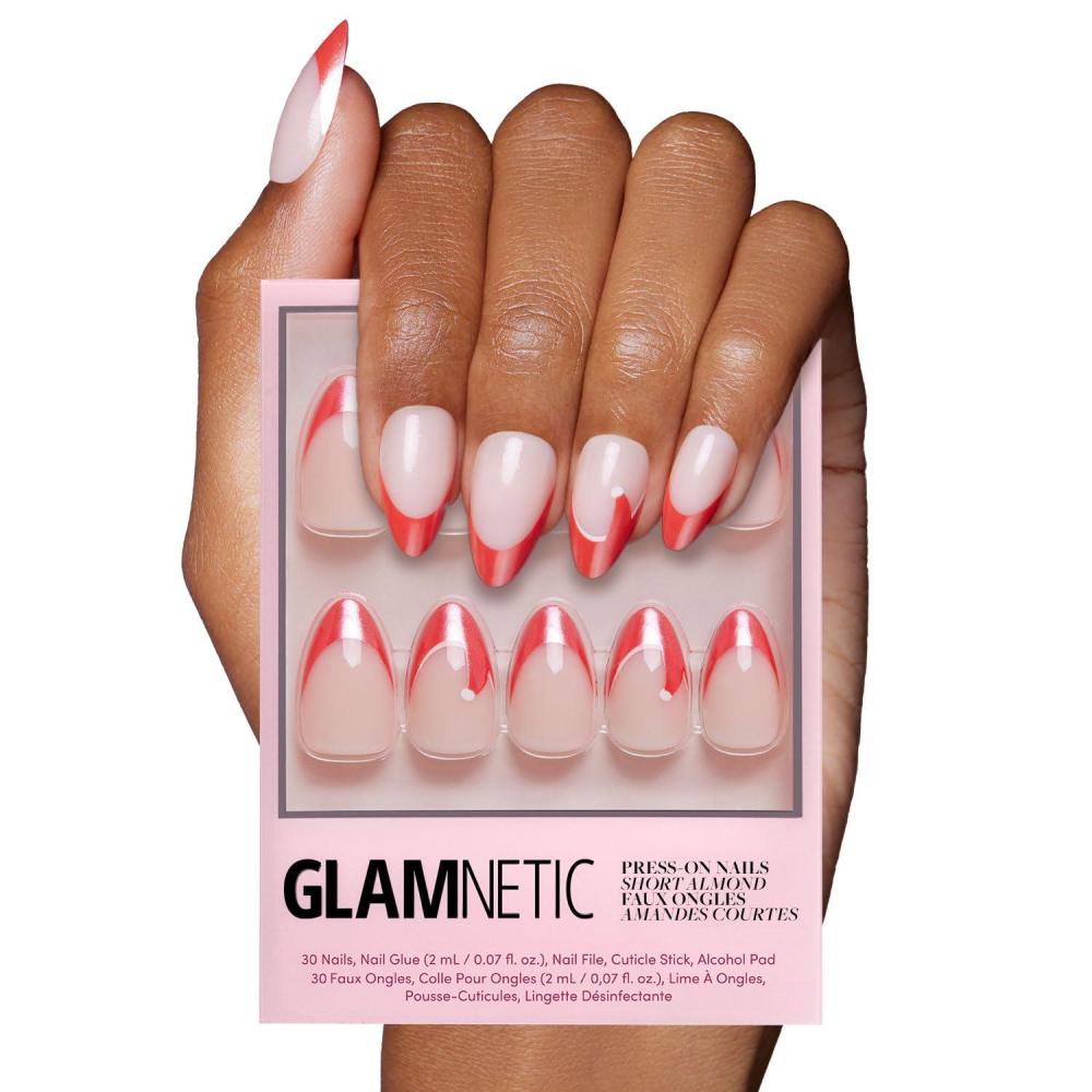 imageGlamnetic Press On Nails  Winter Glaze  Glossy Short Almond French Tip Nails with Snowflake Accents Salon Quality  15 Sizes  30 Nail Kit with GlueMrsClaus