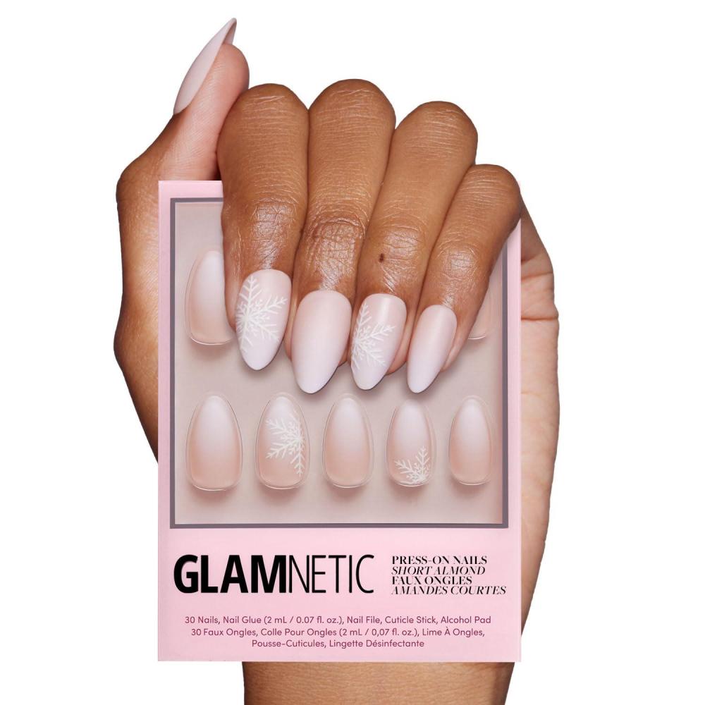 imageGlamnetic Press On Nails Winter Glaze Glossy Short Almond French Tip Nails with Snowflake Accents Salon Quality 15 Sizes 30 Nail Kit with GlueSnowdrift