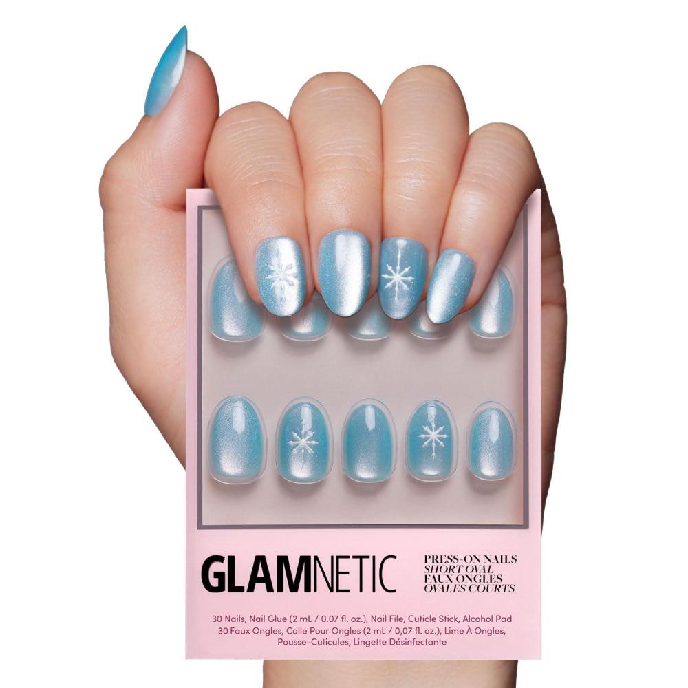 imageGlamnetic Press On Nails Winter Glaze Glossy Short Almond French Tip Nails with Snowflake Accents Salon Quality 15 Sizes 30 Nail Kit with GlueSubzero