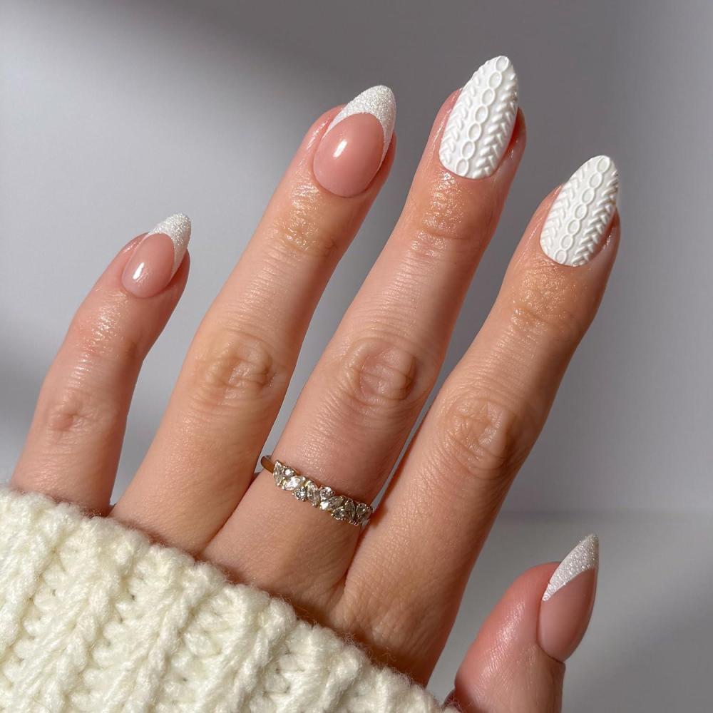 imageGlamnetic Press On Nails Winter Glaze Glossy Short Almond French Tip Nails with Snowflake Accents Salon Quality 15 Sizes 30 Nail Kit with GlueSweater Weather