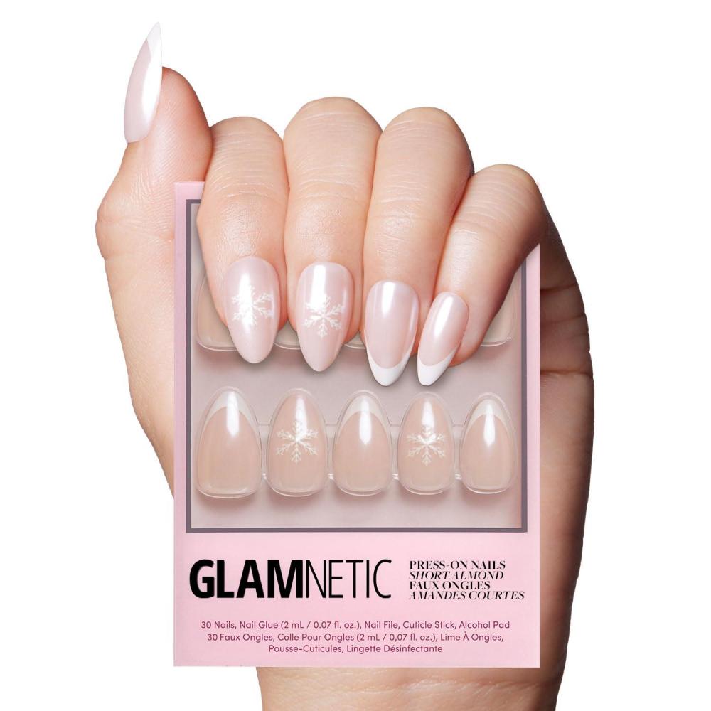 imageGlamnetic Press On Nails  Winter Glaze  Glossy Short Almond French Tip Nails with Snowflake Accents Salon Quality  15 Sizes  30 Nail Kit with GlueWinter Glaze