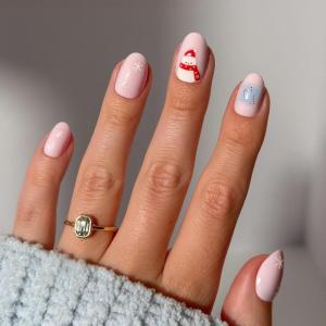 Glamnetic Press On Nails – Winter Glaze | Glossy, Short Almond French Tip Nails with Snowflake Accents, Salon Quality | 15 Sizes – 30 Nail Kit with Glue(Cocoa & Kisses)