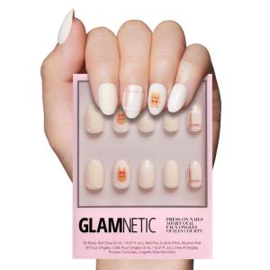 Glamnetic Press On Nails – Winter Glaze | Glossy, Short Almond French Tip Nails with Snowflake Accents, Salon Quality | 15 Sizes – 30 Nail Kit with Glue(Gingerbread Knit)