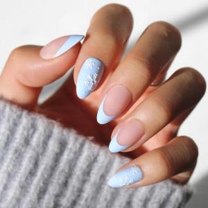 Glamnetic Press On Nails – Winter Glaze | Glossy, Short Almond French Tip Nails with Snowflake Accents, Salon Quality | 15 Sizes – 30 Nail Kit with Glue(Snow Bunny)