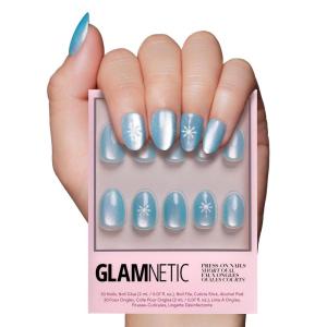 Glamnetic Press On Nails – Winter Glaze | Glossy, Short Almond French Tip Nails with Snowflake Accents, Salon Quality | 15 Sizes – 30 Nail Kit with Glue(Subzero)