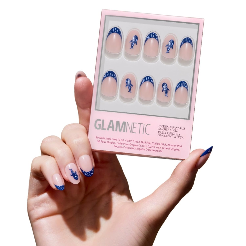 image:imageGlamnetic Press On Nails Summer Fresco Short Oval Fake Nails with Striped Blue French Tips amp Lemon Accents Salon Quality Summer Nails 15 Sizes 30 Nail Kit with GlueWhale Waves
