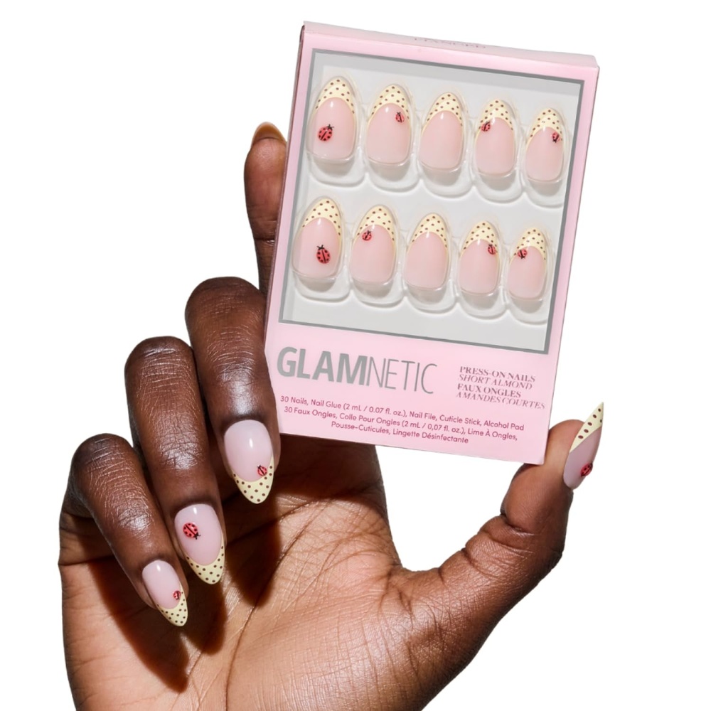image:imageGlamnetic Press On Nails  Summer Fresco  Short Oval Fake Nails with Striped Blue French Tips amp Lemon Accents  Salon Quality Summer Nails  15 Sizes  30 Nail Kit with GlueLady Luck