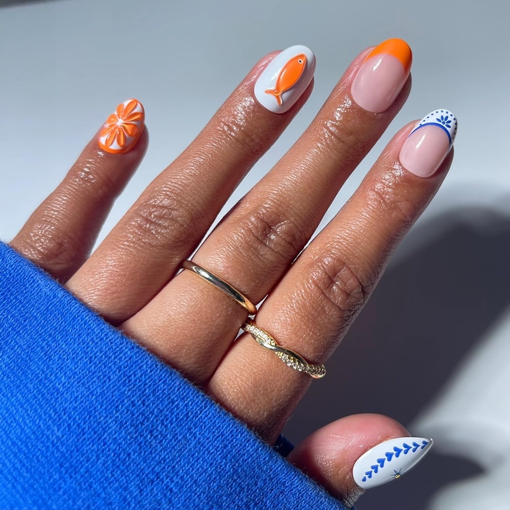image:imageGlamnetic Press On Nails  Summer Fresco  Short Oval Fake Nails with Striped Blue French Tips amp Lemon Accents  Salon Quality Summer Nails  15 Sizes  30 Nail Kit with GlueCitrus Coast