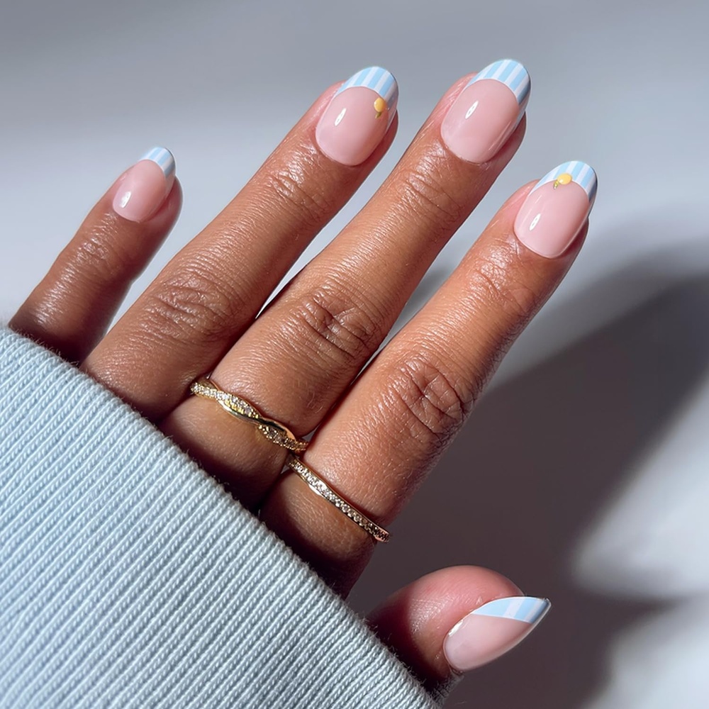 image:imageGlamnetic Press On Nails Summer Fresco Short Oval Fake Nails with Striped Blue French Tips amp Lemon Accents Salon Quality Summer Nails 15 Sizes 30 Nail Kit with GlueSummer Fresco
