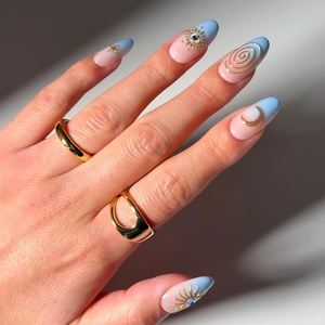 Glamnetic Press On Nails – Summer Fresco | Short Oval Fake Nails with Striped Blue French Tips & Lemon Accents | Salon Quality Summer Nails | 15 Sizes – 30 Nail Kit with Glue(Spirited Sky)