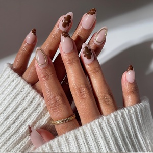 Glamnetic Press On Nails – Summer Fresco | Short Oval Fake Nails with Striped Blue French Tips & Lemon Accents | Salon Quality Summer Nails | 15 Sizes – 30 Nail Kit with Glue(Sunbaked)