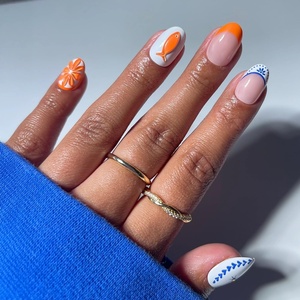 Glamnetic Press On Nails – Summer Fresco | Short Oval Fake Nails with Striped Blue French Tips & Lemon Accents | Salon Quality Summer Nails | 15 Sizes – 30 Nail Kit with Glue(Citrus Coast)
