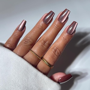 Glamnetic Press On Nails – Summer Fresco | Short Oval Fake Nails with Striped Blue French Tips & Lemon Accents | Salon Quality Summer Nails | 15 Sizes – 30 Nail Kit with Glue(Espresso Glow)